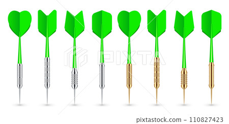 Green dart arrows with metal tip and shadow. Dart throwing sport game, dartboard equipment. Vector illustration Green dart arrows with metal tip and shadow. Dart throwing sport game, dartboard equipment. Vector illustration 110827423