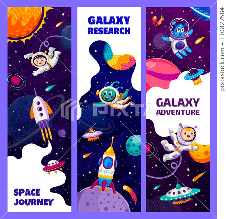 Kids astronauts in outer space. Aliens, UFO and galaxy space planets on starry sky vector background. Cartoon galaxy explorers characters, rockets, flying saucers and comets, universe research 110827584