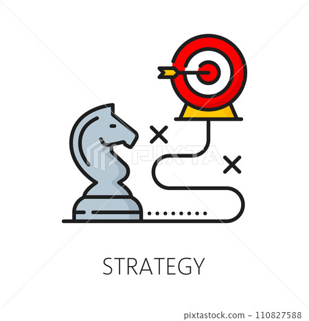 SEM strategy icon for search engine marketing and content management, vector line pictogram. Target audience reach strategy and website search optimization planning for web advertising in outline icon 110827588