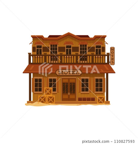 Western Wild West town motel cartoon building. Vector old two storey wood house of cowboy city street. Wild West hotel or hostel building with brown wooden facade, balcony and vintage Motel signboard Western Wild West town motel cartoon building. Vector old two storey wood house of cowboy city street. Wild West hotel or hostel building with brown wooden facade, balcony and vintage Motel signboard 110827593