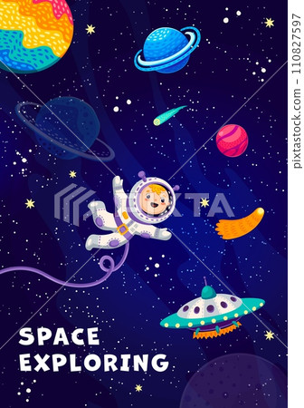 UFO and kid astronaut in outer space between galaxy planets and stars, vector cartoon poster. Funny kid spaceman in spaceflight to stars, galactic planets with asteroids and comets in sky background 110827597