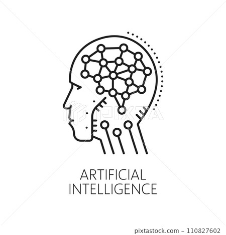 Machine learning, AI artificial intelligence algorithm outline icon. Machine learning, computer science and artificial intelligence technology line vector symbol with brain neurons in android head 110827602