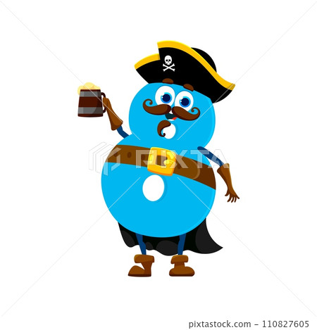Cartoon funny number 8 pirate or corsair character in tricorn hat with rum mug, isolated vector. Number eight in costume of pirate or marine filibuster and buccaneer in pirate hat with Caribbean rum 110827605