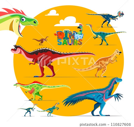 Dinosaurs cartoon characters. Dilophosaur, Gallimimus, Carnotaurus and Pachycephalosaurus, Therizinosaurus and Oviraptor, Compsognathus dinosaurs, extinct reptile or lizard vector cheerful personages 110827608