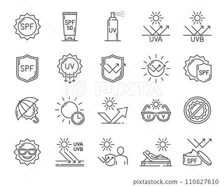 SPF sunscreen, sun and ultraviolet protection icons, vector line symbols. SPF cream and UV block or beauty and skincare outline icons of sunglasses, sunblock cream and sun protection line pictograms 110827610