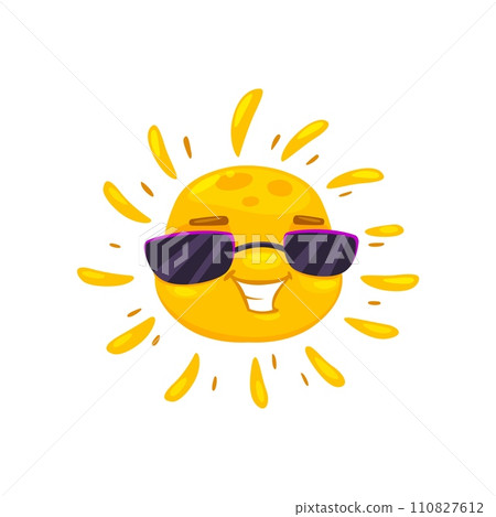 Cartoon sun character with sunglasses. Happy summer sun vector personage with cute face and bright smile. Funny sunshine, sunny spring day or hot weather emoji with yellow sunbeams and black glasses Cartoon sun character with sunglasses. Happy summer sun vector personage with cute face and bright smile. Funny sunshine, sunny spring day or hot weather emoji with yellow sunbeams and black glasses 110827612