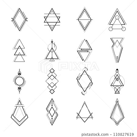 Geometric boho tattoos, vector mystic symbols with bohemian art, alchemy and astronomy line elements, triangles, arrows and circles. Tribal boho tattoos set with ornaments of geometric shapes and dots Geometric boho tattoos, vector mystic symbols with bohemian art, alchemy and astronomy line elements, triangles, arrows and circles. Tribal boho tattoos set with ornaments of geometric shapes and dots 110827619