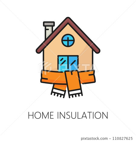 Home wall thermal insulation icon. Construction insulation layer technology thin line symbol, home facade energy save and heat protection material outline vector icon with house in warm scarf 110827625