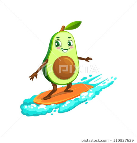 Cartoon Mexican cheerful avocado beach surfer character. Summer vacation fruit funny personage, beach leisure concept with isolated vector avocado cheerful character riding surfboard on sea wave Cartoon Mexican cheerful avocado beach surfer character. Summer vacation fruit funny personage, beach leisure concept with isolated vector avocado cheerful character riding surfboard on sea wave 110827629