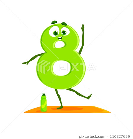 Cartoon funny number 8 eight, sportsman character for kids mathematics, vector icon. Number eight 8 on fitness sport training or fitness and yoga rug, cute math numerical for kids algebra education 110827639
