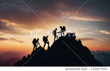 AI-generated content. group climbers going up mountain sunset, silhouette work team climbers, teamwork, travel friends vacation, adventure hiking, helping hand, climbing high mountain up, team group 110827652