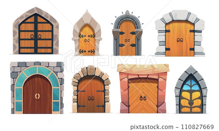 Cartoon medieval castle gates, wooden doors, arch entrance. Vector exterior portals with stone doorways. Wooden fairytale arched entries. Palace architecture elements with forgery and ring knobs set 110827669