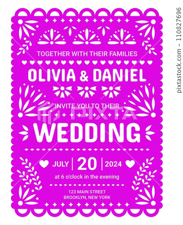 Wedding invitation in mexican paper cut papel picado flag style with vector floral ornaments of flowers, leaves and hearts. Wedding and marriage anniversary party invite banner with ethnic pattern 110827696