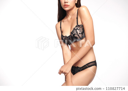Confident beautiful young asian woman posing in black lingerie on white background, Perfect body, Confident beautiful young asian woman posing in black lingerie on white background, Perfect body, 110827714