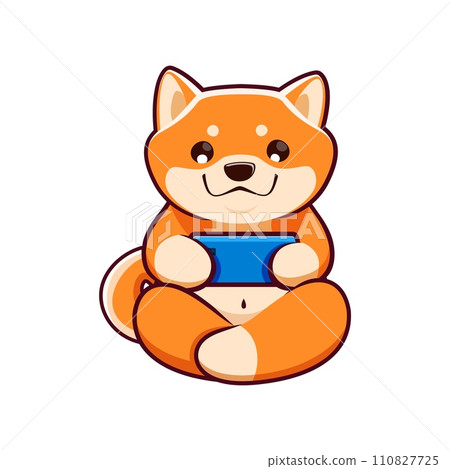 Cartoon kawaii cute pet shiba inu dog and puppy character plays smartphone game. Isolated vector tech-savvy japanese pup tapping screen with paws with excitement, engrossed into the interactive fun Cartoon kawaii cute pet shiba inu dog and puppy character plays smartphone game. Isolated vector tech-savvy japanese pup tapping screen with paws with excitement, engrossed into the interactive fun 110827725
