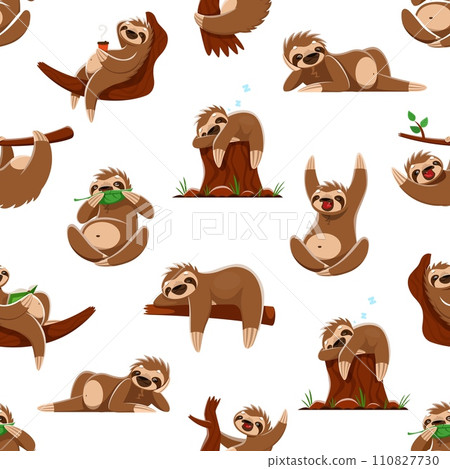 Cartoon sloth character seamless pattern, vector background with cute lazy sleeping animal. Sloth pattern or tropical jungle sleepy bear hanging on tree, sleeping or snooze and drinking coffee 110827730