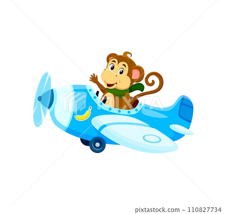 Cartoon baby ape animal character on plane. Animal kid airplane pilot. Isolated vector cute monkey joyfully soars through the sky on a whimsical biplane, waving the paw with a wide grin on its face 110827734