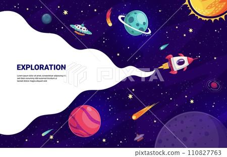 Cartoon space rocket with chemtrail in starry galaxy for planets exploration, vector background. Space mission cartoon banner with spaceship flying in galaxy space to planets, alien UFO and stars 110827763