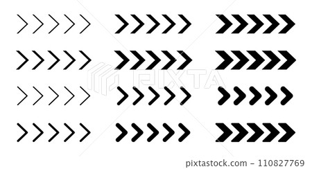 Set of black chevron arrows of different thickness. Ornament with repeated V shaped stripes. Pointer, road caution, military, navigation signs isolated on white background Set of black chevron arrows of different thickness. Ornament with repeated V shaped stripes. Pointer, road caution, military, navigation signs isolated on white background 110827769