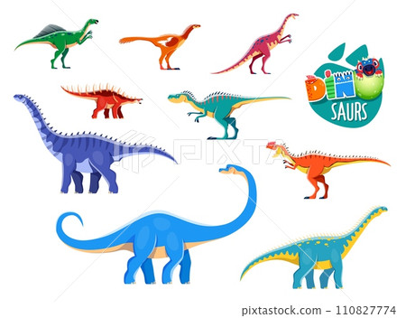 Isolated cartoon dinosaur characters. Extinct dinosaur, prehistoric reptile or lizard. Anchisaurus, Zephyrosaurus, Kentrosaurus and Barapasaurus, Monolophosaurus, Dubreuillosaurus vector personages 110827774