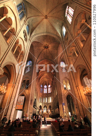 Walking through the nave of Notre Dame Cathedral (Paris, France) 110827996
