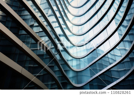 Modern tall city building with wavy futuristic design, low angle view of abstract curve lines. Geometric facade with glass and steel. Concept of architecture exterior, office Modern tall city building with wavy futuristic design, low angle view of abstract curve lines. Geometric facade with glass and steel. Concept of architecture exterior, office 110828261