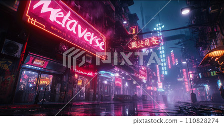 Dark cyberpunk neon city in rain, store sign Metaverse in futuristic town at night, wet modern street with red, purple and blue light. Concept of future, background, game, technology Dark cyberpunk neon city in rain, store sign Metaverse in futuristic town at night, wet modern street with red, purple and blue light. Concept of future, background, game, technology 110828274
