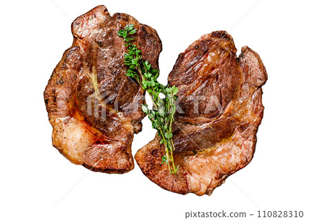 Roasted rib eye steaks Isolated on white background, Top view. 110828310