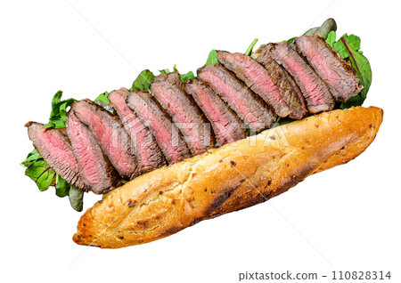 Grilled baguette steak sandwich with arugula and cheese. Isolated on white background, Top view. 110828314