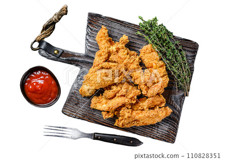 Steak Fingers fried breaded chicken breast strips. Isolated on white background, Top view. 110828351