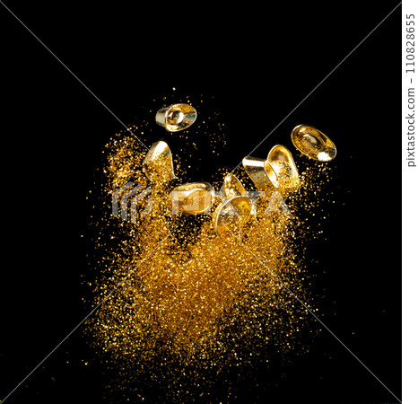 Gold Ingot Chinese Money bar token fly with dust particle in air. Chinese new year Yuanbao gold ingots floating to golden money sand particle. Language is wealthy prosperity. Black background isolated 110828655