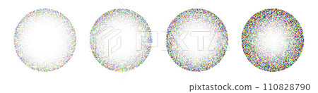 Round shaped dotted objects, vintage stipple elements. Fading gradient. Stippling, dotwork drawing, shading using dots. Colored disintegration effect. Noise grainy texture. Vector illustration 110828790
