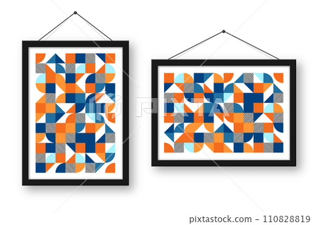 Picture frame with geometric trendy pattern, Bauhaus style. Modern background, simple elements. Retro texture, basic geometric shapes. Print design, minimalist poster cover. Vector illustration Picture frame with geometric trendy pattern, Bauhaus style. Modern background, simple elements. Retro texture, basic geometric shapes. Print design, minimalist poster cover. Vector illustration 110828819
