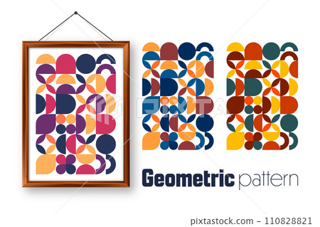 Picture frame with geometric trendy pattern, Bauhaus style. Modern background, simple elements. Retro texture, basic geometric shapes. Print design, minimalist poster cover. Vector illustration 110828821