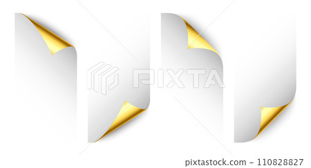 Set of golden paper curls. Curled page corner with shadow. Blank sheet of paper. Colorful shiny foil. Design element for advertising and promotion. Vector illustration. 110828827