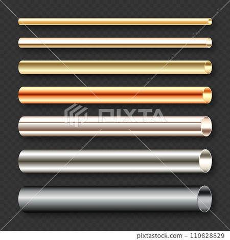 Steel and copper pipes collection. Construction material, pipeline. Industry and engineering. Polished metal texture with silver gradient. Vector illustration 110828829