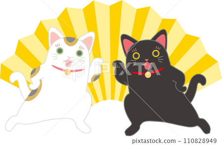 招財貓_跳舞的招財貓_帶扇子_兩隻招財貓從兩側招手擺出姿勢 招財貓_跳舞的招財貓_帶扇子_兩隻招財貓從兩側招手擺出姿勢 110828949