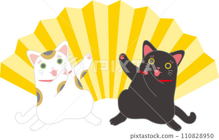 招財貓_跳舞招財貓_拿著扇子_兩隻招財貓從兩側擺出沃塔姿勢 招財貓_跳舞招財貓_拿著扇子_兩隻招財貓從兩側擺出沃塔姿勢 110828950