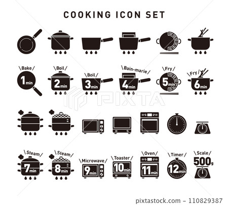 單色向量烹飪圖示集：烹飪方法和時間 110829387