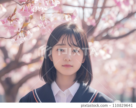 Cherry blossom trees and female students entrance and graduation image (AI generated image) 110829641