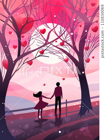 man woman lovers walking in park with red hearts in air happy valentines day celebration concept landscape background full length 110830069