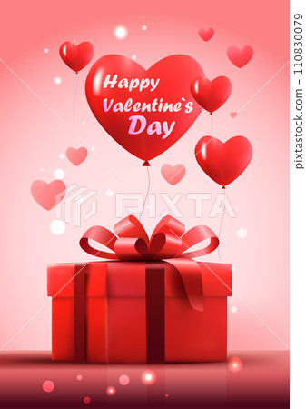 happy valentines day celebration greeting card red air balloons in heart shape with wrapped gift box vertical 110830079