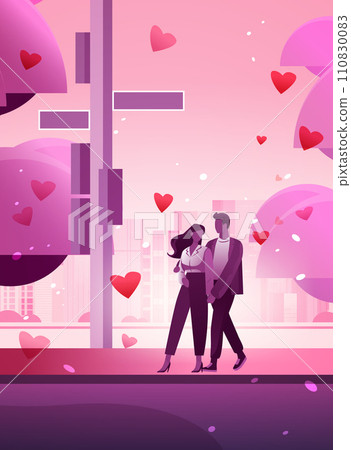 man woman lovers walking in park with red hearts in air happy valentines day celebration concept cityscape background 110830083