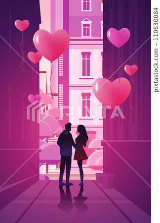 man woman lovers walking city street with pink air balloons in heart shape happy valentines day celebration concept man woman lovers walking city street with pink air balloons in heart shape happy valentines day celebration concept 110830084