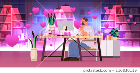 man in love using laptop social media communication happy valentines day celebration concept living room interior with pink hearts man in love using laptop social media communication happy valentines day celebration concept living room interior with pink hearts 110830119