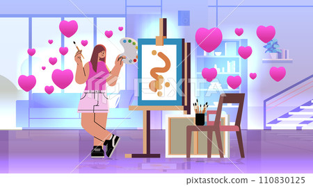 disabled woman artist in love with replaced robotic leg and arm girl drawing on canvas people with disabilities celebrating valentines day 110830125