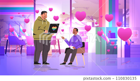 gays discussing during meeting and using laptop lgbt rainbow flag transgender love valentines day celebration concept 110830135