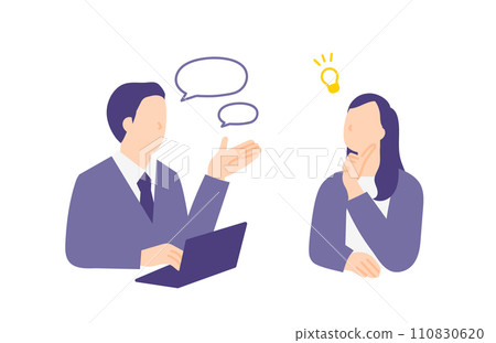 Illustration of a business person giving advice and suggestions to customers and solving problems Illustration of a business person giving advice and suggestions to customers and solving problems 110830620