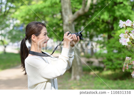 Senior woman taking pictures of flowers with a camera Senior woman taking pictures of flowers with a camera 110831338