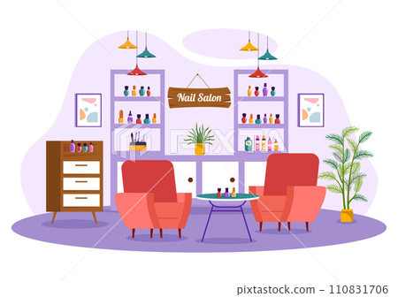 Nail Polish Salon Vector Illustration with Receiving of Manicure or Pedicure with Tools and Accessories to a Young Girl Concept in Flat Background 110831706